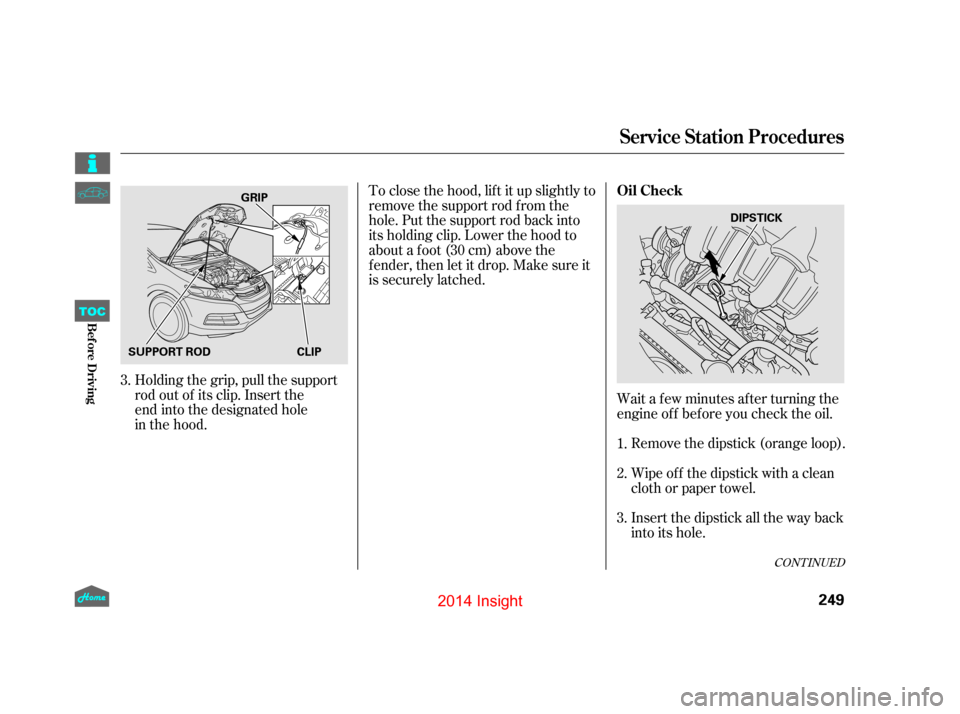 HONDA INSIGHT 2014 2.G Owners Manual Insert the dipstick all the way back
into its hole. Wipe of f the dipstick with a clean
cloth or paper towel. Remove the dipstick (orange loop).
Wait a f ew minutes af ter turning the
engine of f bef 