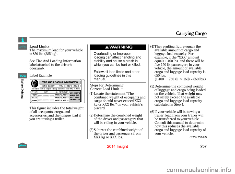 HONDA INSIGHT 2014 2.G Owners Manual µ·
µ The resulting f igure equals the
available amount of cargo and
luggage load capacity. For
example, if the ‘‘XXX’’ amount
equals 1,400 lbs. and there will be
f ive 150 lb. passengers