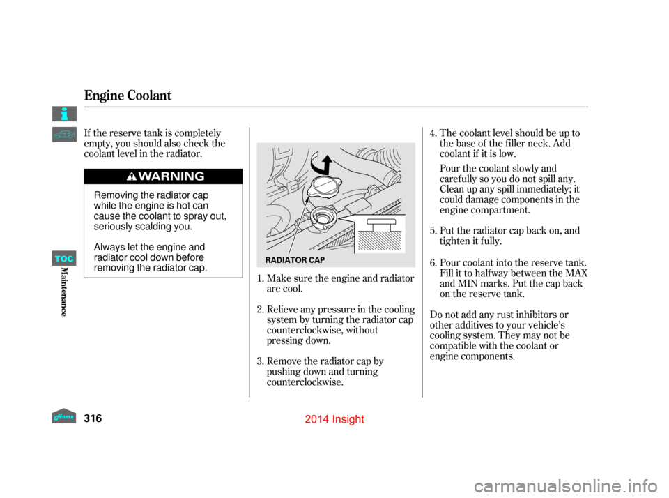 HONDA INSIGHT 2014 2.G Owners Manual If the reserve tank is completely
empty, you should also check the
coolant level in the radiator.The coolant level should be up to
the base of the f iller neck. Add
coolant if it is low.
Do not add an