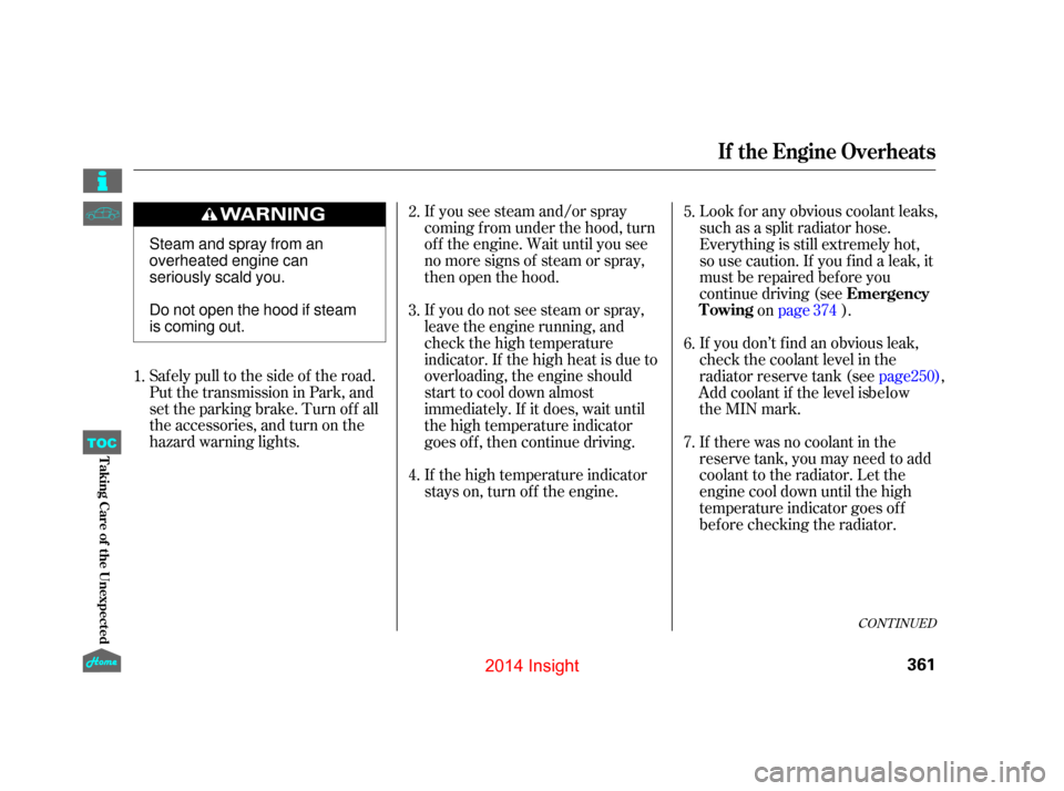 HONDA INSIGHT 2014 2.G Owners Manual CONT INUED
Saf ely pull to the side of the road.
Put the transmission in Park, and
set the parking brake. Turn of f all
the accessories, and turn on the
hazard warning lights.If you see steam and/or s