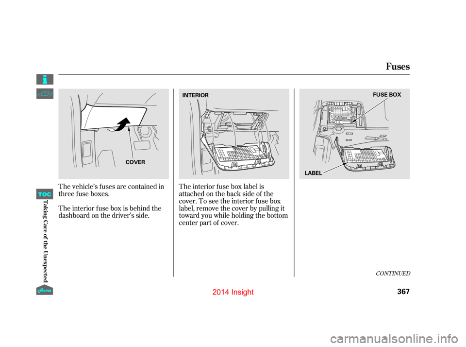 HONDA INSIGHT 2014 2.G Owners Manual The vehicle’s f uses are contained in
threefuseboxes.
The interior f use box is behind the
dashboard on the driver’s side.The interior f use box label is
attached on the back side of the
cover. To