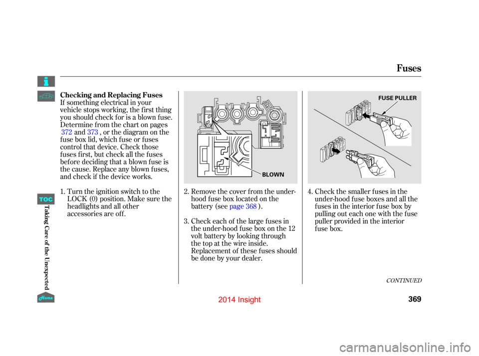 HONDA INSIGHT 2014 2.G Owners Manual If something electrical in your
vehicle stops working, the first thing
youshouldcheckforisablownfuse.
Determine f rom the chart on pagesand , or the diagram on the
fuse box lid, which fuse or fuses
co