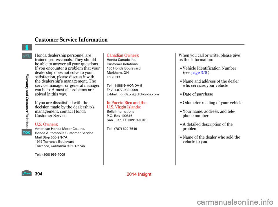 HONDA INSIGHT 2014 2.G Owners Manual Honda dealership personnel are
trained prof essionals. They should
be able to answer all your questions.
If you encounter a problem that your
dealership does not solve to your
satisf action, please di