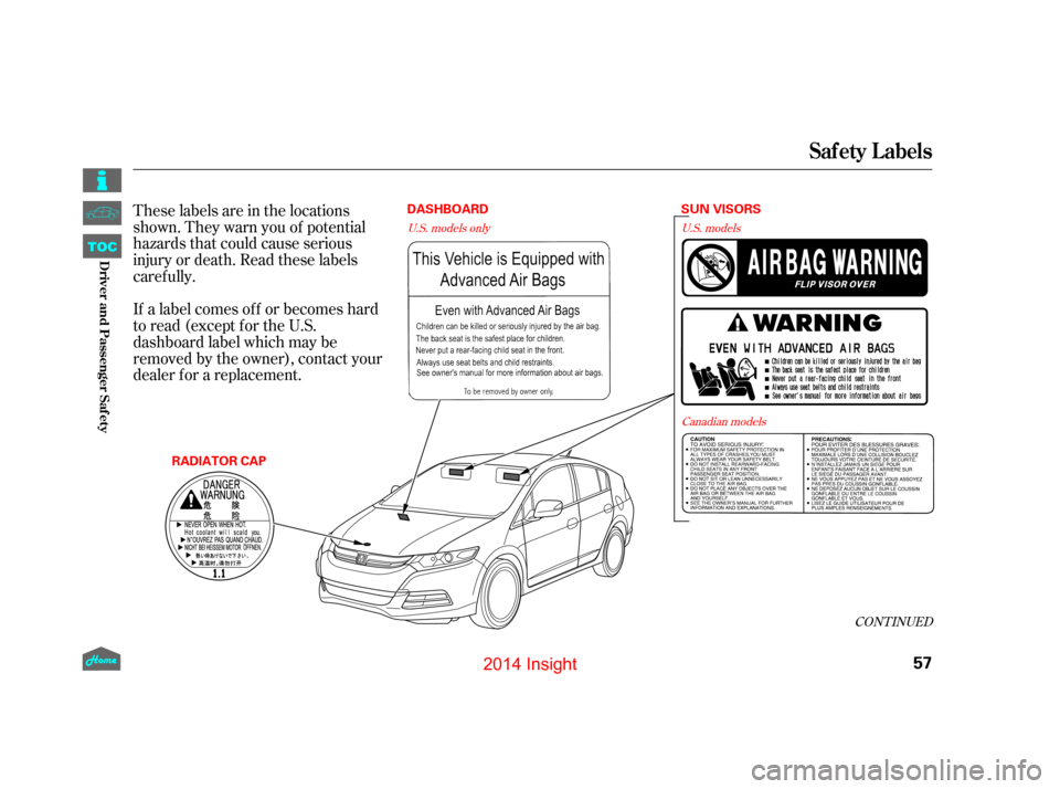 HONDA INSIGHT 2014 2.G Owners Manual These labels are in the locations
shown. They warn you of potential
hazards that could cause serious
injury or death. Read these labels
caref ully.
If a label comes of f or becomes hard
to read (excep