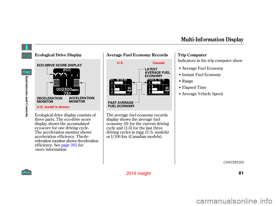 HONDA INSIGHT 2014 2.G User Guide Ecological drive display consists of
three parts. The eco-drive score
display shows the accumulated
acceleration efficiency. The de-
celeration monitor shows deceleration
efficiency. Seepage 265 for
m