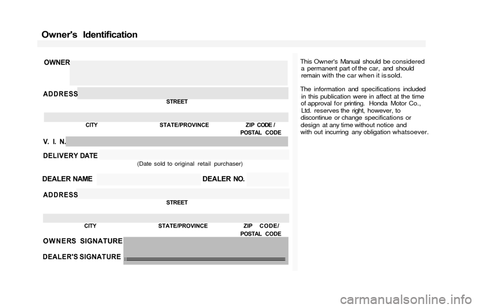 HONDA ODYSSEY 2000 RA6-RA9 / 2.G Owners Manual Owners  Identification
This Owners Manual should be considereda permanent part of the car, and shouldremain with the car when it is sold.
The information and specifications included
in this publicat