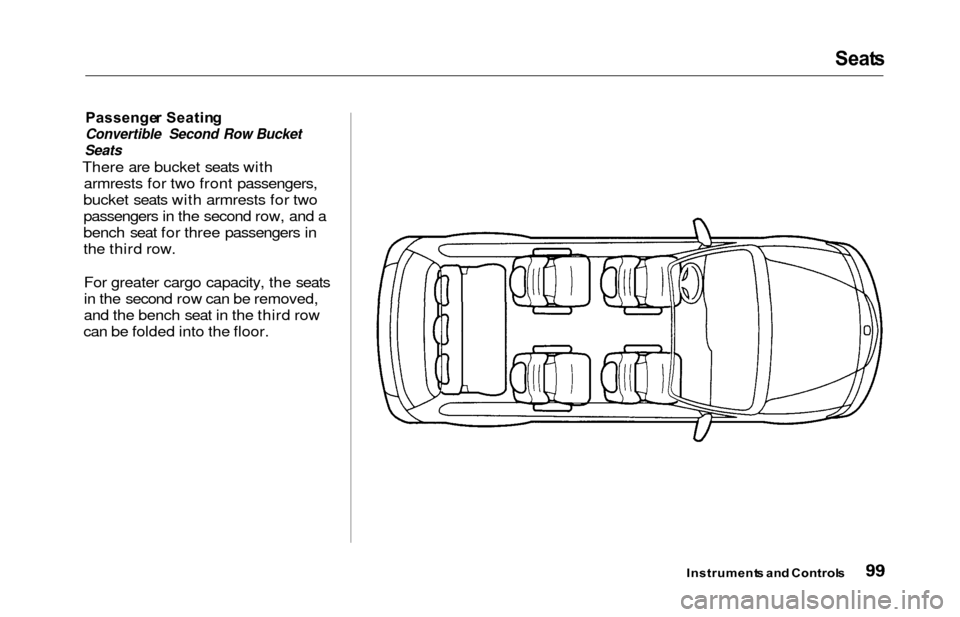 HONDA ODYSSEY 2000 RA6-RA9 / 2.G Owners Manual Seats
Passenge r Seatin g
Convertible Second Row Bucket
Seats
There are bucket seats with
armrests for two front passengers,
bucket seats with armrests for two
passengers in the second row, and a
benc