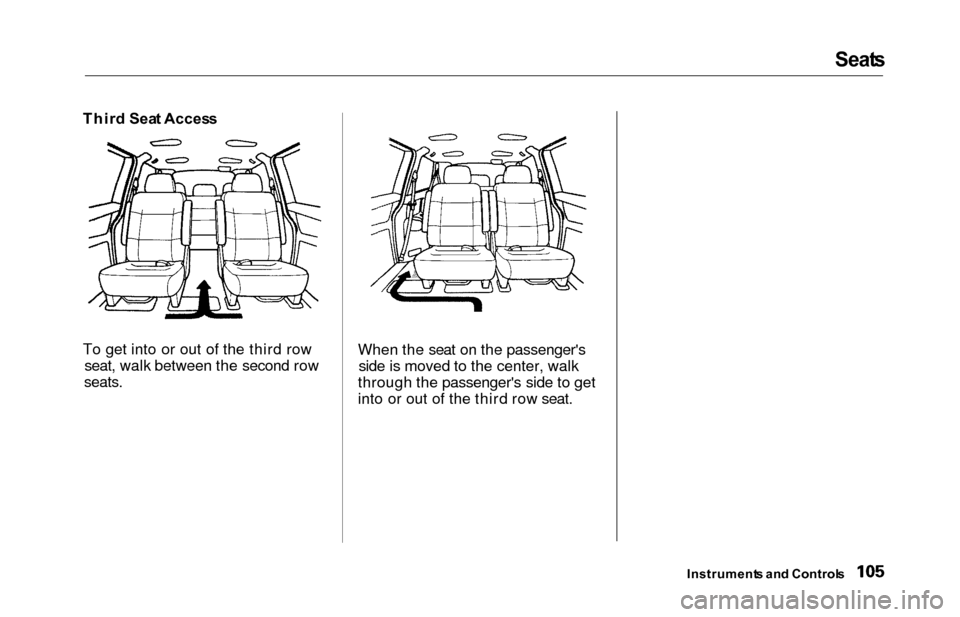 HONDA ODYSSEY 2000 RA6-RA9 / 2.G Owners Manual Seats
Thir d Sea t Acces s
To get into or out of the third row seat, walk between the second row
seats.
When the seat on the passengersside is moved to the center, walk
through the passengers side t