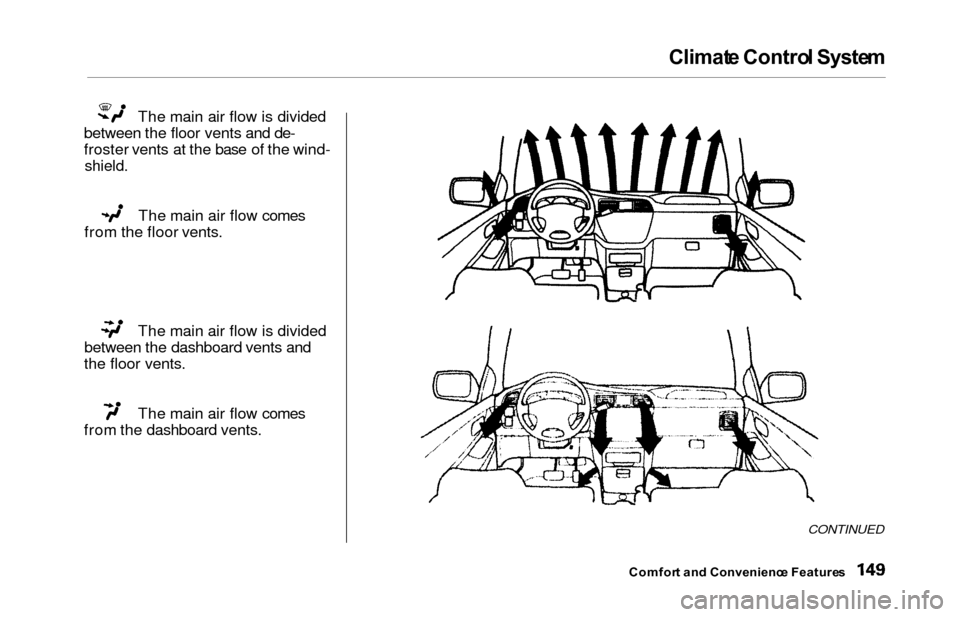 HONDA ODYSSEY 2000 RA6-RA9 / 2.G Owners Manual Climate Contro l Syste m
The main air flow is divided
between the floor vents and de-
froster vents at the base of the wind-
shield.
The main air flow comes
from the floor vents.
The main air flow is 