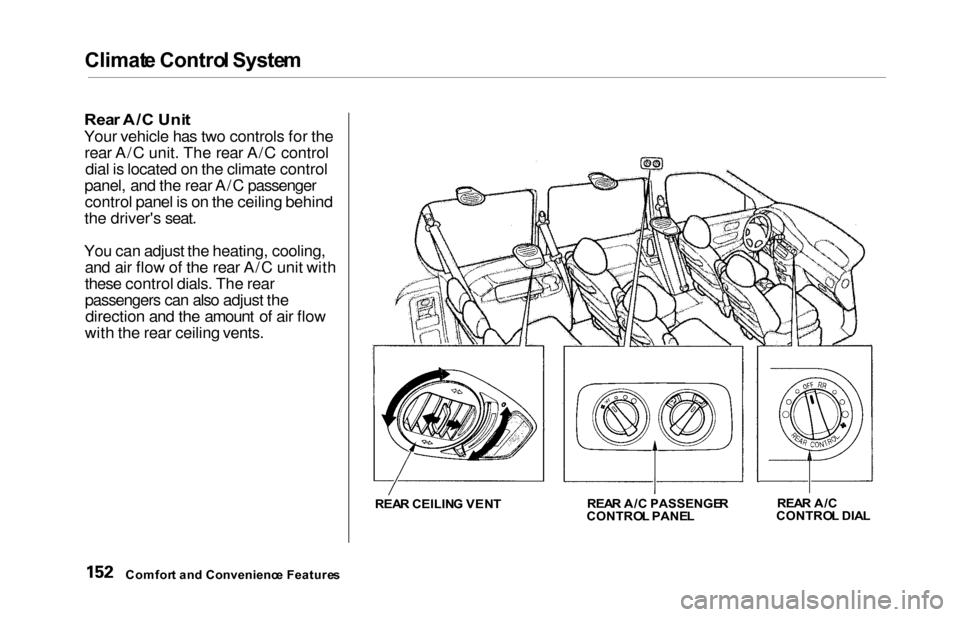 HONDA ODYSSEY 2000 RA6-RA9 / 2.G Owners Manual Climate Contro l Syste m
Rear A/ C Uni t
Your vehicle has two controls for the
rear A/C unit. The rear A/C control dial is located on the climate control
panel, and the rear A/C passenger control pane