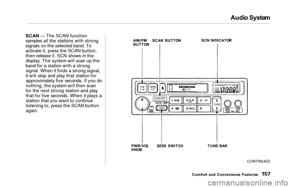 HONDA ODYSSEY 2000 RA6-RA9 / 2.G Owners Manual Audi
o Syste m

SCA N — The SCAN function
samples all the stations with strong
signals on the selected band. To
activate it, press the SCAN button,
then release it. SCN shows in the display. The sys
