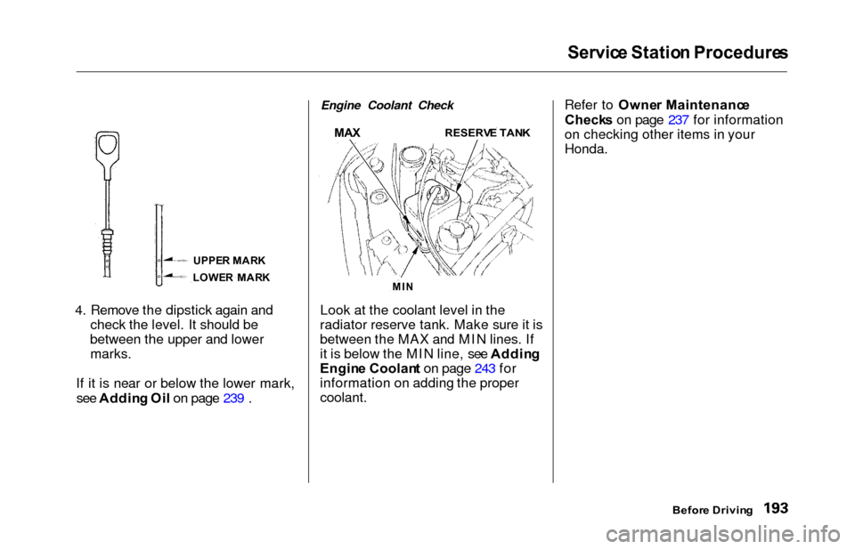 HONDA ODYSSEY 2000 RA6-RA9 / 2.G Owners Manual Service Statio n Procedure s
4. Remove the dipstick again and
check the level. It should be
between the upper and lower marks.
If it is near or below the lower mark, see Addin g Oi l on page 239 .
Eng HONDA ODYSSEY 2000 RA6-RA9 / 2.G Owners Manual Service Statio n Procedure s
4. Remove the dipstick again and
check the level. It should be
between the upper and lower marks.
If it is near or below the lower mark, see Addin g Oi l on page 239 .
Eng