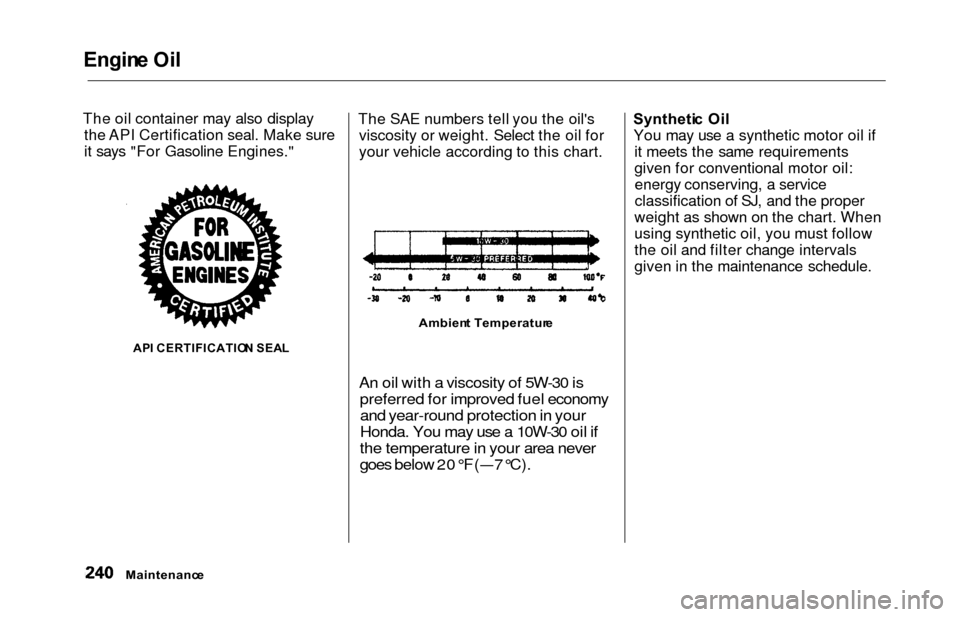 HONDA ODYSSEY 2000 RA6-RA9 / 2.G User Guide Engine Oi l
The oil container may also display
the API Certification seal. Make sure
it says "For Gasoline Engines."
AP I CERTIFICATIO N SEA L
The SAE numbers tell you the oils
viscosity or weight. S