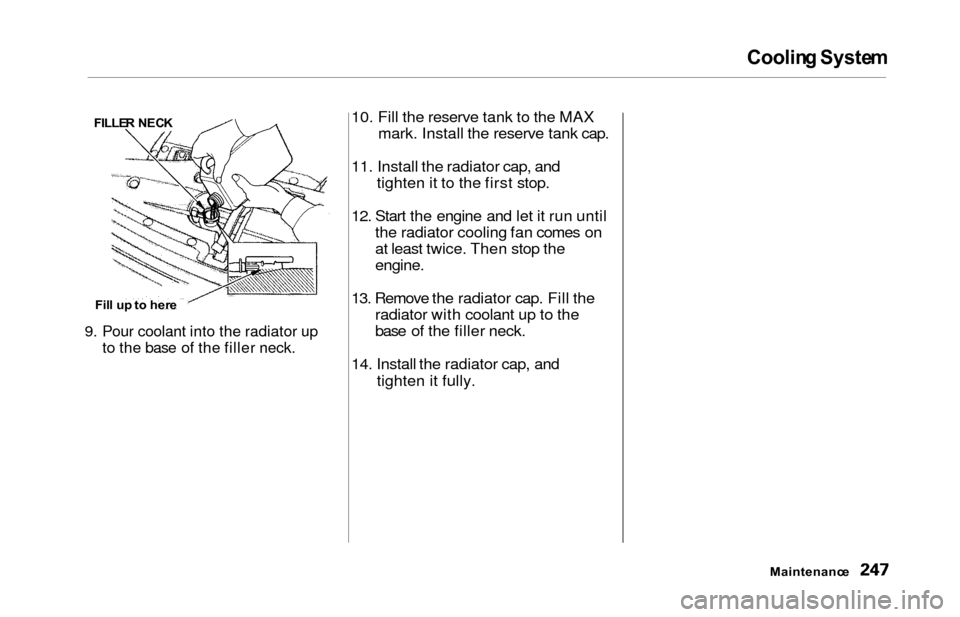 HONDA ODYSSEY 2000 RA6-RA9 / 2.G User Guide Cooling Syste m
10. Fill the reserve tank to the MAX
mark. Install the reserve tank cap.
11. Install the radiator cap, and tighten it to the first stop.
12. Start the engine and let it run until the r