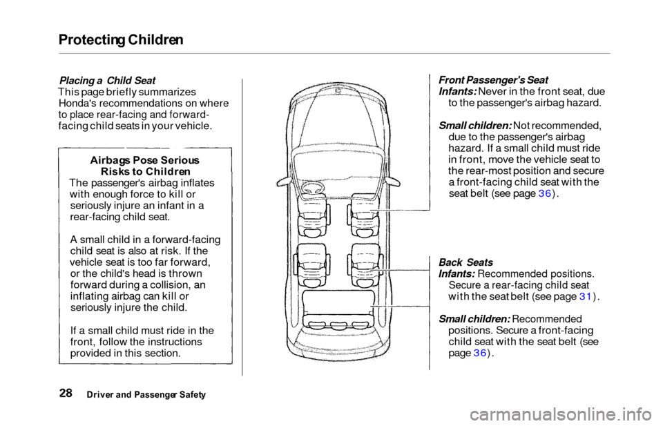 HONDA ODYSSEY 2000 RA6-RA9 / 2.G Owners Guide Protecting Childre n
Placing a Child Seat
This page briefly summarizes
Hondas recommendations on where
to place rear-facing and forward-
facing child seats in your vehicle.
Front Passengers Seat
Inf