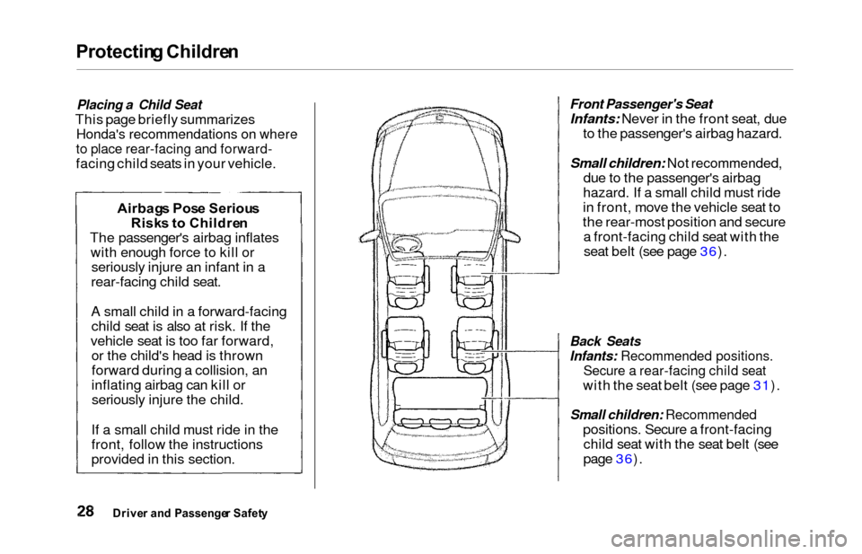 HONDA ODYSSEY 2000 RA6-RA9 / 2.G Owners Guide Protecting Childre n
Placing a Child Seat
This page briefly summarizes
Hondas recommendations on where
to place rear-facing and forward-
facing child seats in your vehicle.
Front Passengers Seat
Inf