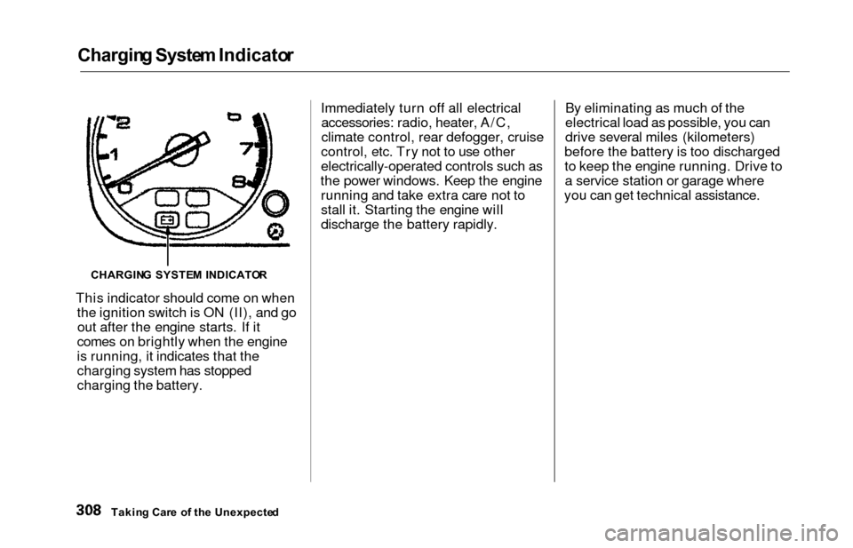 HONDA ODYSSEY 2000 RA6-RA9 / 2.G Owners Manual Charging Syste m Indicato r
This indicator should come on when
the ignition switch is ON (II), and goout after the engine starts. If it
comes on brightly when the engine
is running, it indicates that 