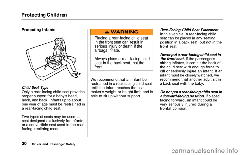 HONDA ODYSSEY 2000 RA6-RA9 / 2.G User Guide Protectin
g Childre n

Protectin g  Infant sChild Seat Type
Only a
  rear-facing child seat provides
proper support for a babys head, neck, and back. Infants up to about
one year of age must be restr