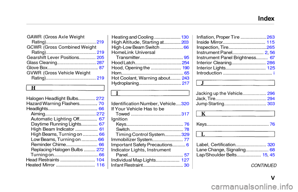 HONDA ODYSSEY 2000 RA6-RA9 / 2.G Owners Manual Index
GAWR (Gross Axle Weight
Rating)........................................  219
GCWR (Gross Combined Weight
Rating)........................................  219
Gearshift Lever Positions...........