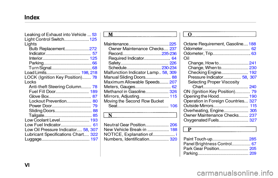 HONDA ODYSSEY 2000 RA6-RA9 / 2.G Owners Manual Index
Leaking of Exhaust into Vehicle ...  53
Light Control Switch.....................  125
Lights Bulb Replacement.....................  272
Indicator........................................ 57
Inte