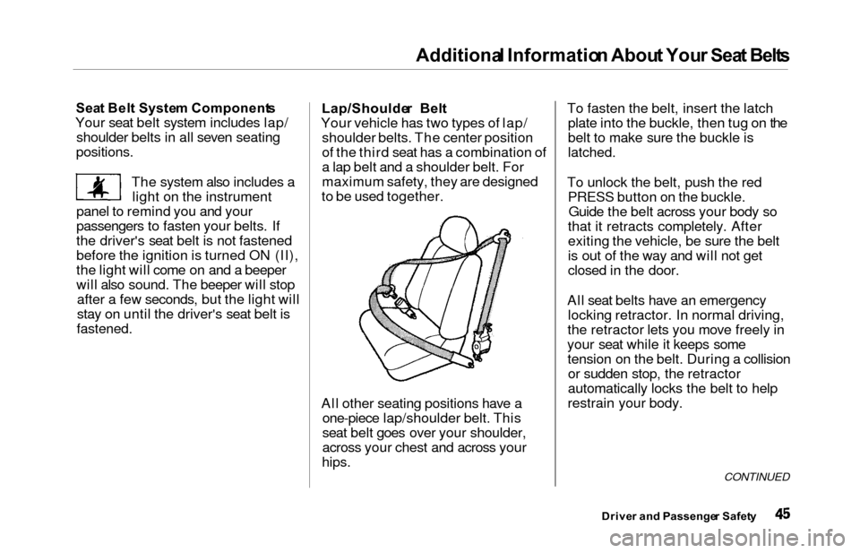 HONDA ODYSSEY 2000 RA6-RA9 / 2.G Service Manual Additional Informatio n Abou t You r Sea t Belt s
Seat Bel t Syste m Component s
Your seat belt system includes lap/
shoulder belts in all seven seating
positions.
The system also includes alight on t HONDA ODYSSEY 2000 RA6-RA9 / 2.G Service Manual Additional Informatio n Abou t You r Sea t Belt s
Seat Bel t Syste m Component s
Your seat belt system includes lap/
shoulder belts in all seven seating
positions.
The system also includes alight on t