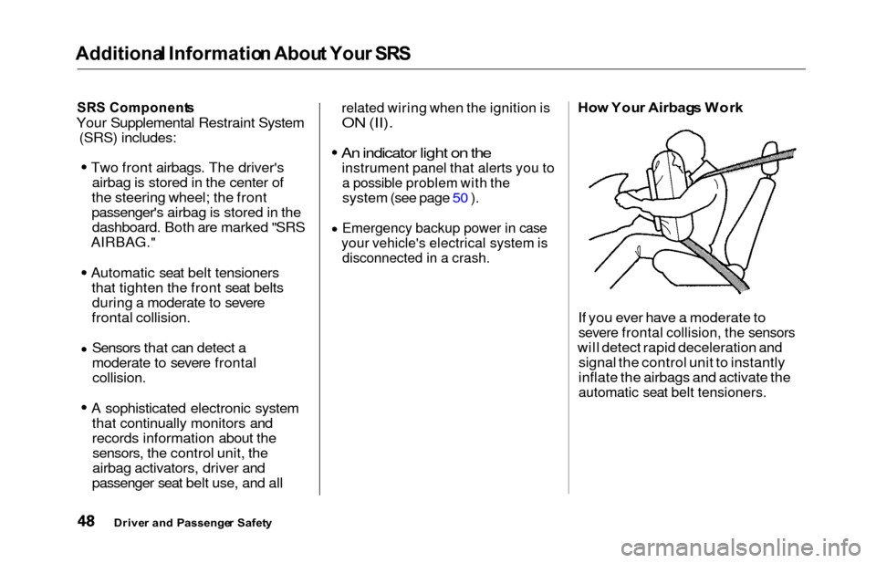 HONDA ODYSSEY 2000 RA6-RA9 / 2.G Workshop Manual Additional Informatio n Abou t You r SR S
SRS Component s
Your Supplemental Restraint System
(SRS) includes:
Two front airbags. The driversairbag is stored in the center of
the steering wheel; the fr