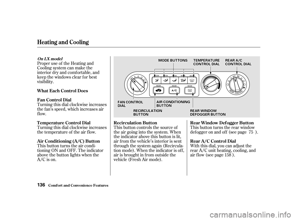 HONDA ODYSSEY 2001 RA6-RA9 / 2.G Owners Manual Proper use of the Heating and
Cooling system can make the
interior dry and comf ortable, and
keep the windows clear f or best
visibility.
Turning this dial clockwise increases
the f an’s speed, w HONDA ODYSSEY 2001 RA6-RA9 / 2.G Owners Manual Proper use of the Heating and
Cooling system can make the
interior dry and comf ortable, and
keep the windows clear f or best
visibility.
Turning this dial clockwise increases
the f an’s speed, w