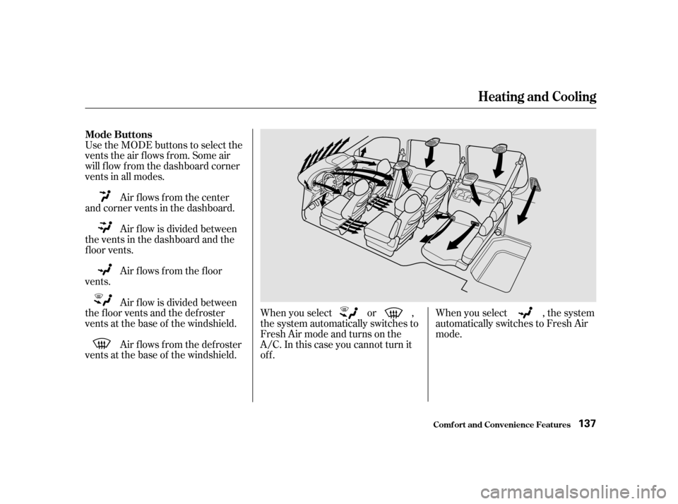 HONDA ODYSSEY 2001 RA6-RA9 / 2.G Owners Manual Use the MODE buttons to select the
vents the air flows from. Some air
will f low f rom the dashboard corner
vents in all modes.Air f lows f rom the f loor
vents. Air f low is divided between
the vent HONDA ODYSSEY 2001 RA6-RA9 / 2.G Owners Manual Use the MODE buttons to select the
vents the air flows from. Some air
will f low f rom the dashboard corner
vents in all modes.Air f lows f rom the f loor
vents. Air f low is divided between
the vent