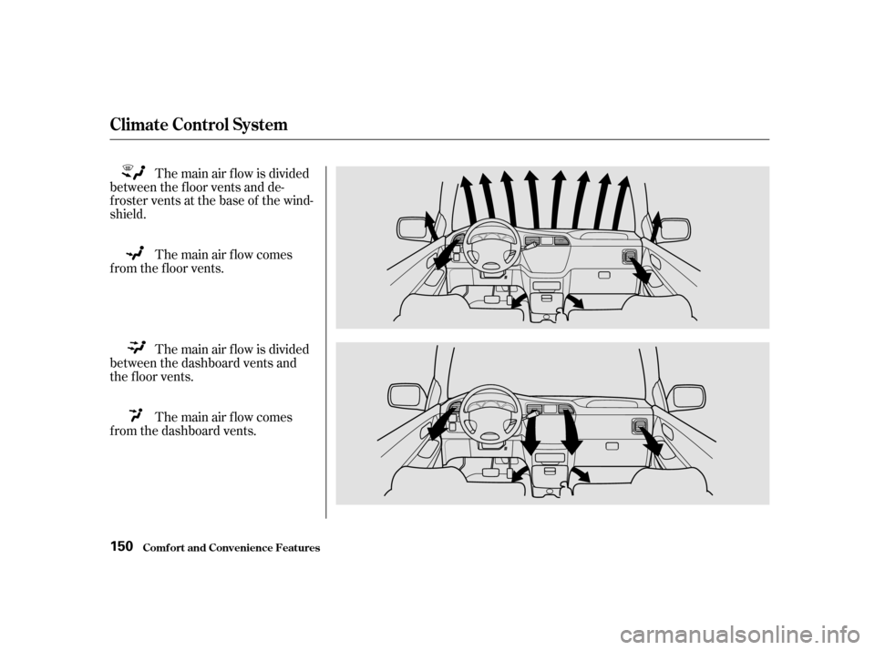HONDA ODYSSEY 2001 RA6-RA9 / 2.G Owners Manual The main air f low is divided
between the f loor vents and de- 
froster vents at the base of the wind-
shield.
The main air f low is divided
between the dashboard vents and
the f loor vents. The main 