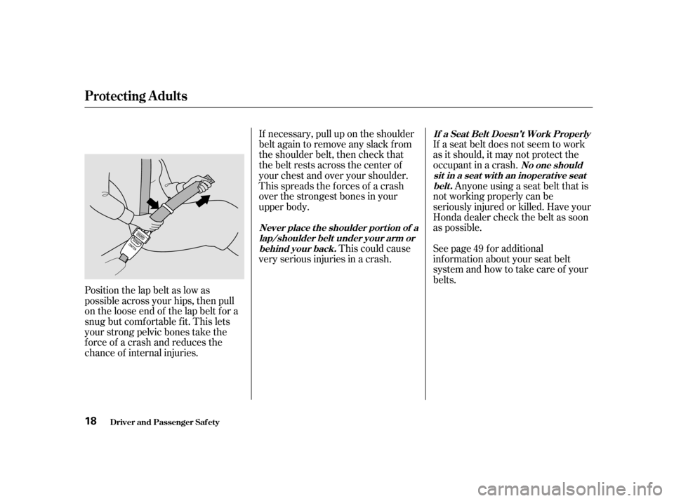 HONDA ODYSSEY 2001 RA6-RA9 / 2.G User Guide Position the lap belt as low as 
possible across your hips, then pull
on the loose end of the lap belt f or a
snug but comf ortable f it. This lets
your strong pelvic bones take the
f orce of a crash 