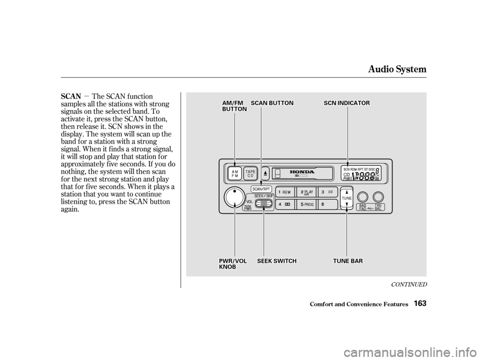 HONDA ODYSSEY 2001 RA6-RA9 / 2.G Owners Manual µ
CONT INUED
The SCAN f unction
samples all the stations with strong 
signals on the selected band. To
activate it, press the SCAN button,
then release it. SCN shows in the
display. The system will 