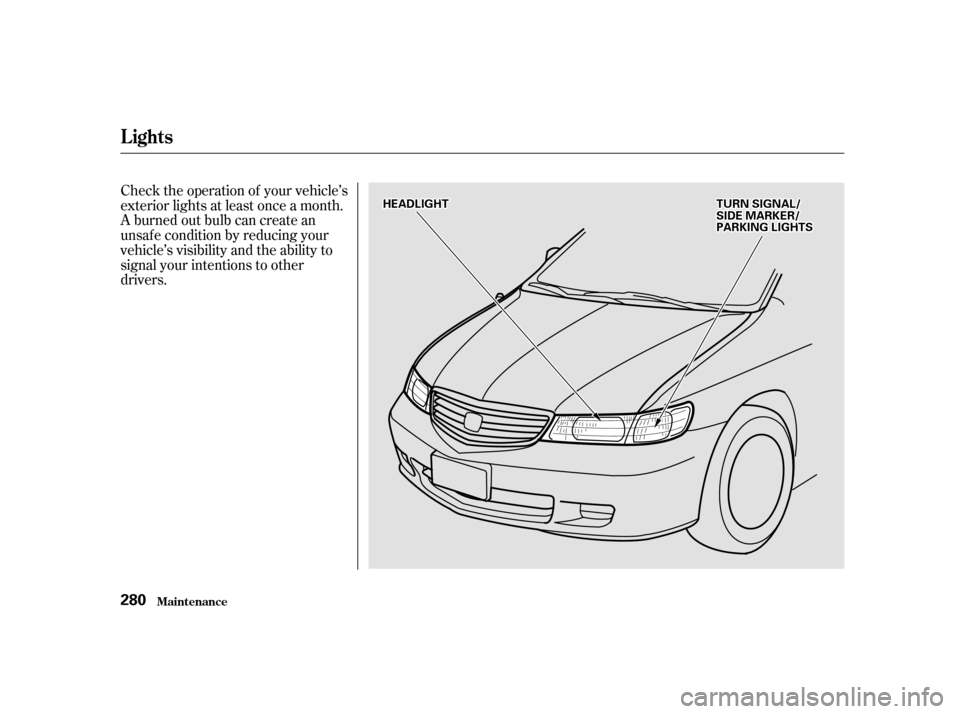 HONDA ODYSSEY 2001 RA6-RA9 / 2.G Owners Manual Check the operation of your vehicle’s 
exterior lights at least once a month.
A burned out bulb can create an
unsaf e condition by reducing your
vehicle’s visibility and the ability to
signal your