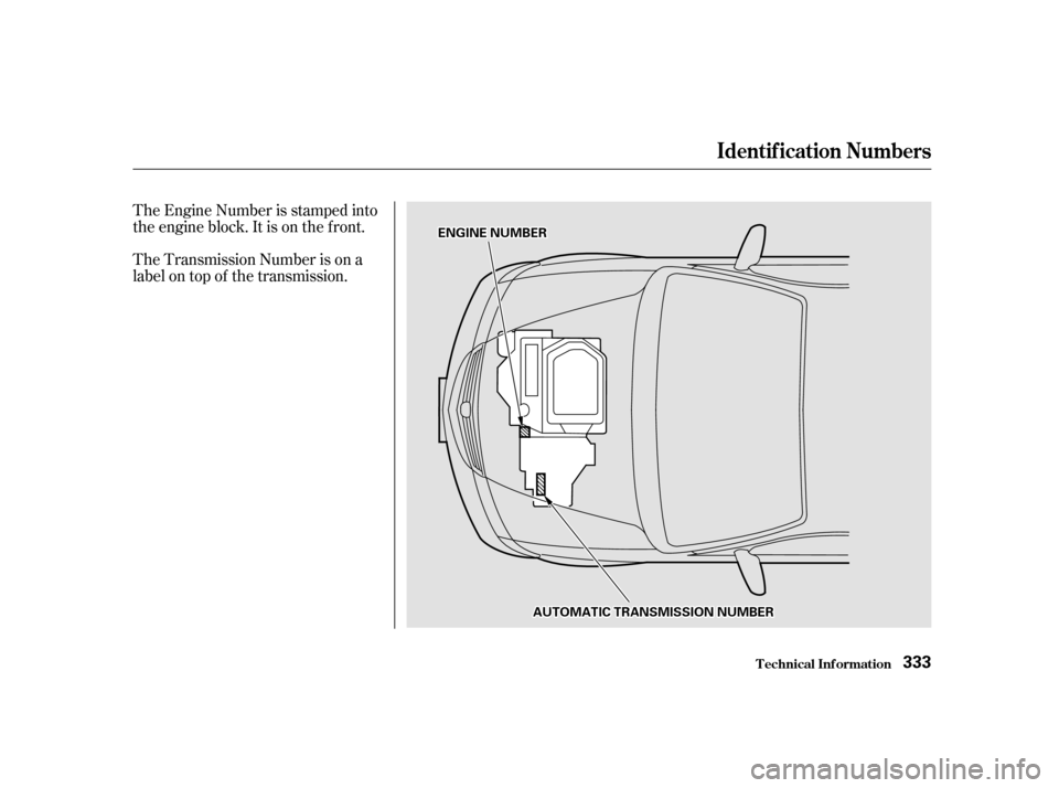 HONDA ODYSSEY 2001 RA6-RA9 / 2.G Owners Manual The Transmission Number is on a 
label on top of the transmission.
The Engine Number is stamped into
the engine block. It is on the f ront.
Identif ication Numbers
T echnical Inf ormation
333
AAUUTTOO