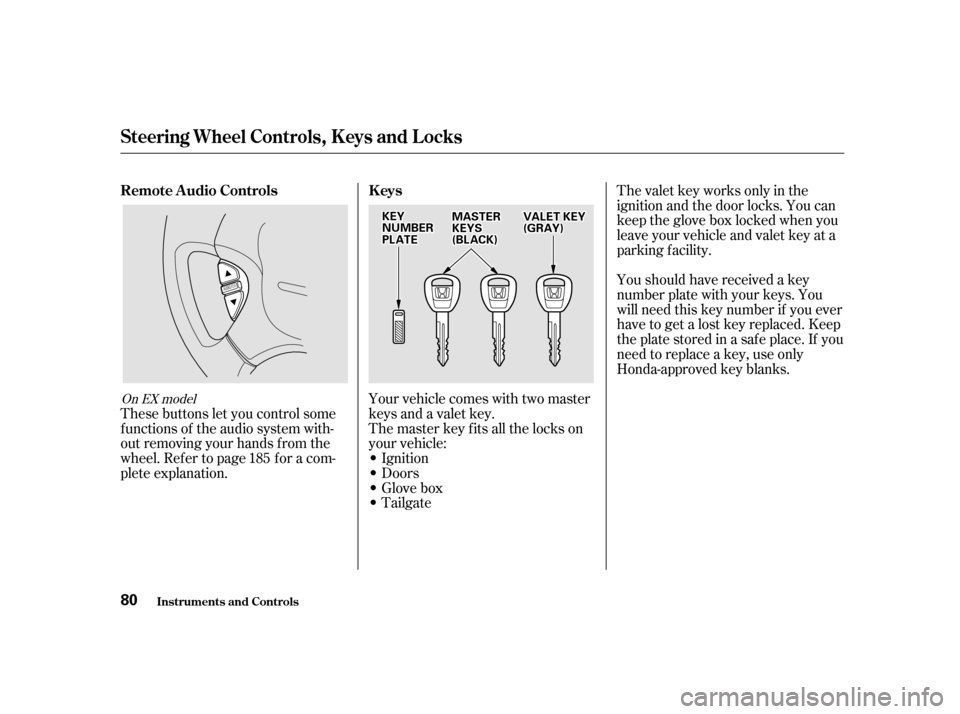 HONDA ODYSSEY 2001 RA6-RA9 / 2.G Manual PDF Youshouldhavereceivedakey 
number plate with your keys. You
will need this key number if you ever
have to get a lost key replaced. Keep
the plate stored in a saf e place. If you
need to replace a key,