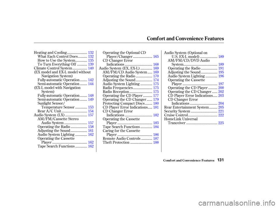 HONDA ODYSSEY 2002 RA6-RA9 / 2.G Owners Manual .....................
Heating and Cooling .132
.........
What Each Control Does . 132
............
How to Use the System . 135
..........
To Turn Everything Of f . 139
...............
Climate Control 