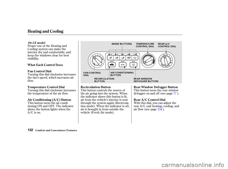 HONDA ODYSSEY 2002 RA6-RA9 / 2.G Owners Manual Proper use of the Heating and
Cooling system can make the
interior dry and comf ortable, and
keep the windows clear f or best
visibility.
Turning this dial clockwise increases
the f an’s speed, whic