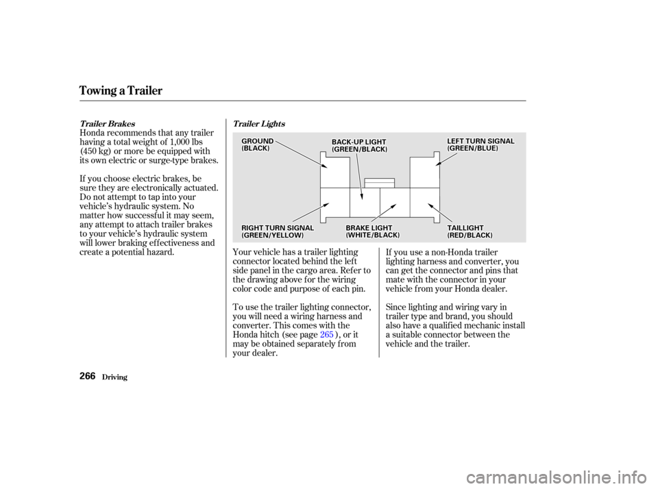 HONDA ODYSSEY 2002 RA6-RA9 / 2.G Owners Manual Honda recommends that any trailer
having a total weight of 1,000 lbs
(450 kg) or more be equipped with
its own electric or surge-type brakes.
If you choose electric brakes, be
sure they are electronic