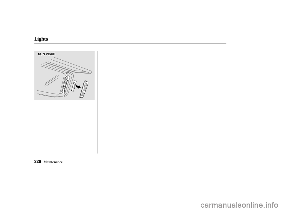 HONDA ODYSSEY 2002 RA6-RA9 / 2.G Owners Manual Lights
Maint enance326
S
SUUN N V
VI
ISSO OR R HONDA ODYSSEY 2002 RA6-RA9 / 2.G Owners Manual Lights
Maint enance326
S
SUUN N V
VI
ISSO OR R