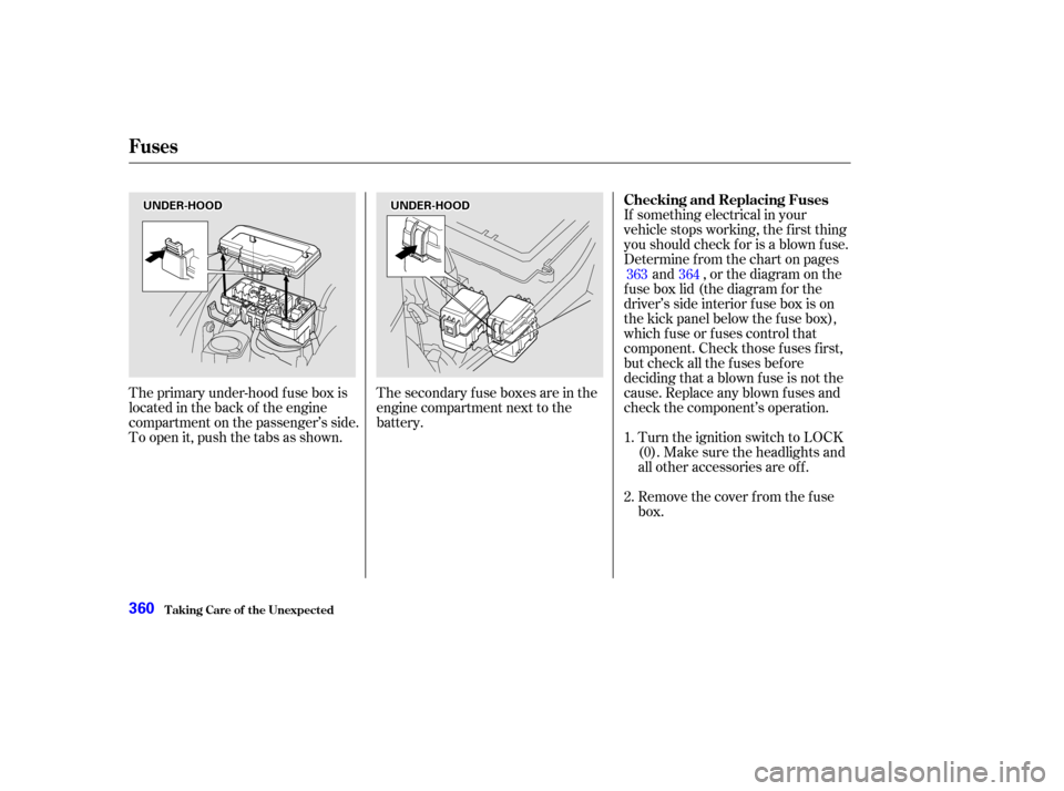 HONDA ODYSSEY 2002 RA6-RA9 / 2.G Owners Manual If something electrical in your
vehicle stops working, the first thing
youshouldcheckforisablownfuse.
Determine f rom the chart on pagesand , or the diagram on the
f use box lid (the diagram f or the
