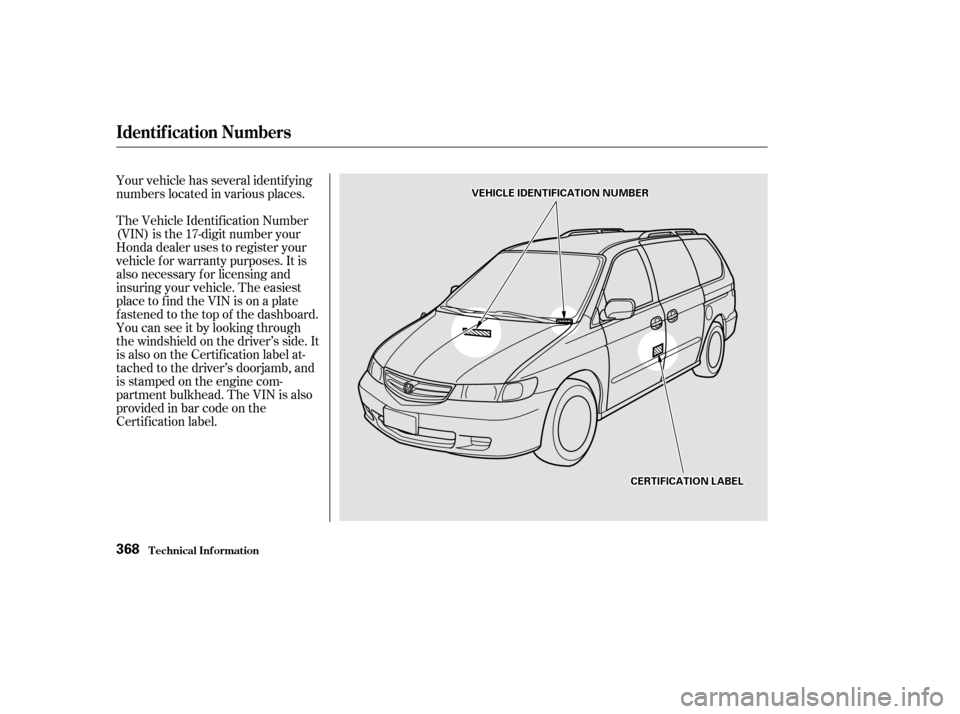 HONDA ODYSSEY 2002 RA6-RA9 / 2.G Owners Manual Your vehicle has several identif ying
numbers located in various places.
The Vehicle Identif ication Number
(VIN) is the 17-digit number your
Honda dealer uses to register your
vehicle f or warranty p