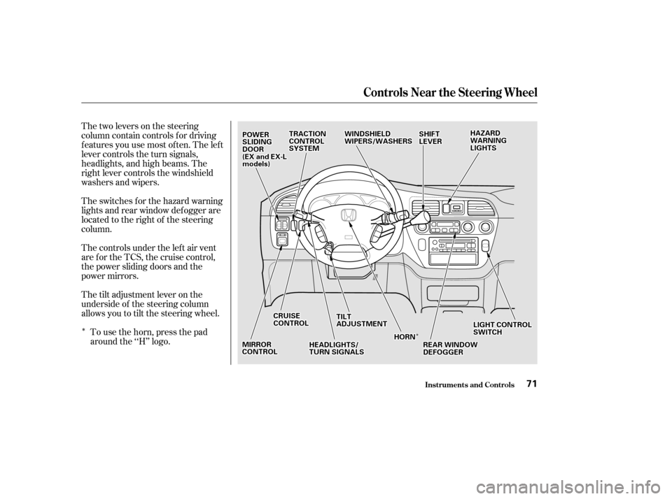 HONDA ODYSSEY 2002 RA6-RA9 / 2.G Owners Manual Î
ÎÎ
Thetwoleversonthesteering
column contain controls f or driving
f eatures you use most of ten. The lef t
lever controls the turn signals,
headlights, and high beams. The
right lever controls