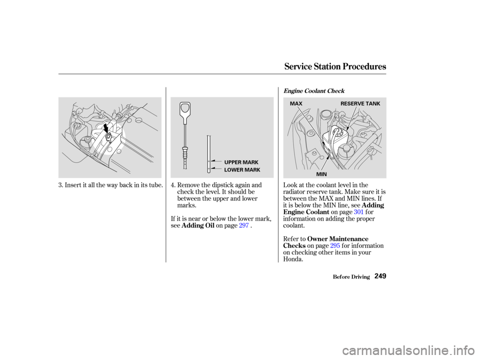 HONDA ODYSSEY 2003 RB1-RB2 / 3.G User Guide Refer toon page f or inf ormation
on checking other items in your
Honda. Look at the coolant level in the
radiator reserve tank. Make sure it is
between the MAX and MIN lines. If
it is below the MIN l