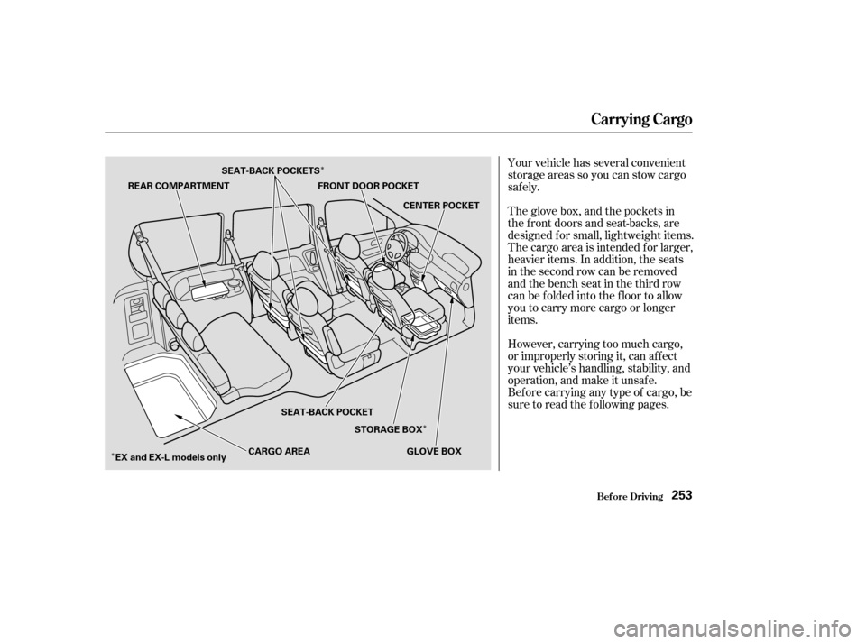 HONDA ODYSSEY 2003 RB1-RB2 / 3.G Owners Manual Î
Î Î
Your vehicle has several convenient
storage areas so you can stow cargo
saf ely.
The glove box, and the pockets in
the f ront doors and seat-backs, are
designed f or small, lightweight ite