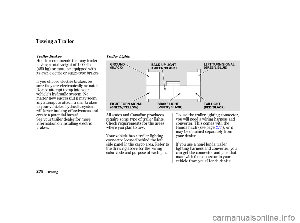 HONDA ODYSSEY 2003 RB1-RB2 / 3.G Owners Manual Honda recommends that any trailer
having a total weight of 1,000 lbs
(450 kg) or more be equipped with
its own electric or surge-type brakes.
If you choose electric brakes, be
sure they are electronic