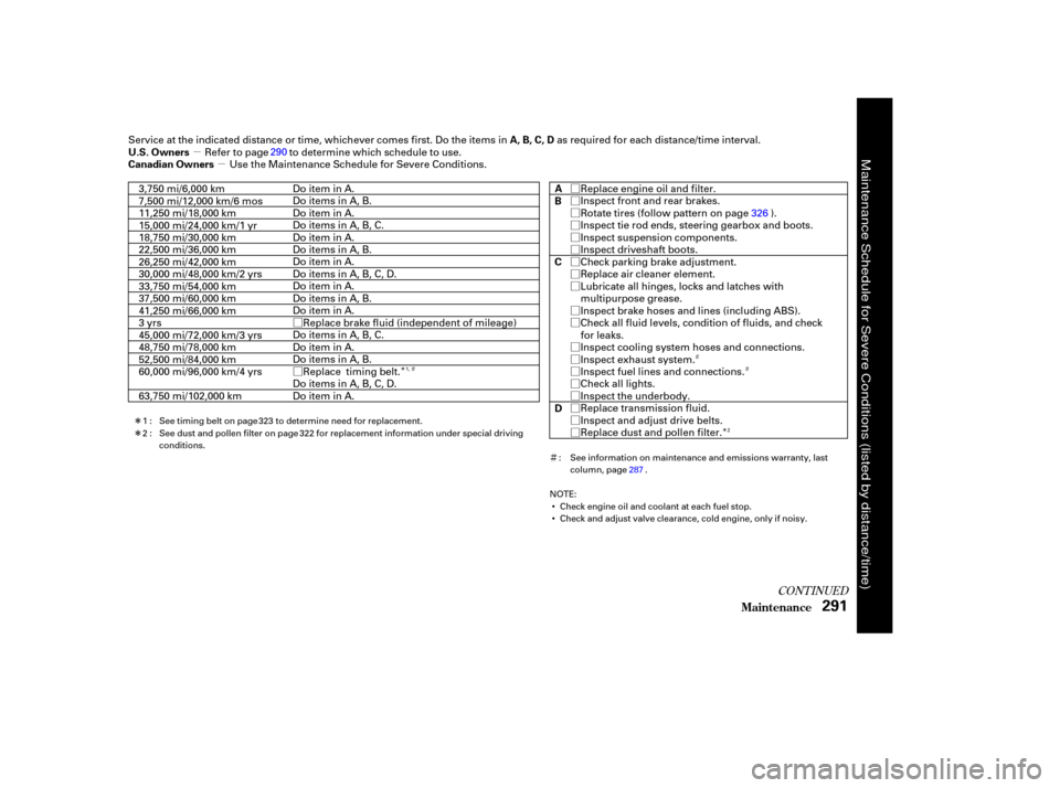 HONDA ODYSSEY 2003 RB1-RB2 / 3.G User Guide µµ
Ø
Ø
Ø
Ø
Ø
Ø
Ø
Ø
Ø
Ø
Ø
Ø
Ø
Ø
Ø
Ø
Ø
Ø
Ø
Ø
Ø
Ì
Ì
Î
ÎÌ
Ì
Î
Î
CONT INUED
Maint enance291
A, B, C, D
U.S. Owners
Canadian Owners
A
B
C
D
Serv