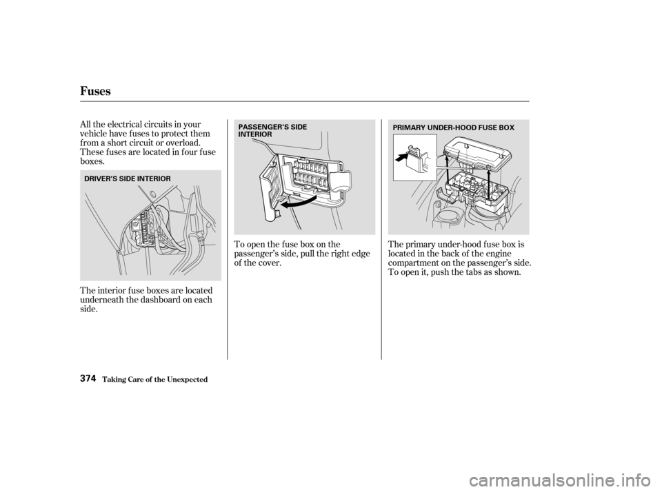 HONDA ODYSSEY 2003 RB1-RB2 / 3.G Owners Manual All the electrical circuits in your
vehicle have fuses to protect them
f rom a short circuit or overload.
These f uses are located in f our f use
boxes.
Theinteriorfuseboxesarelocated
underneath the d