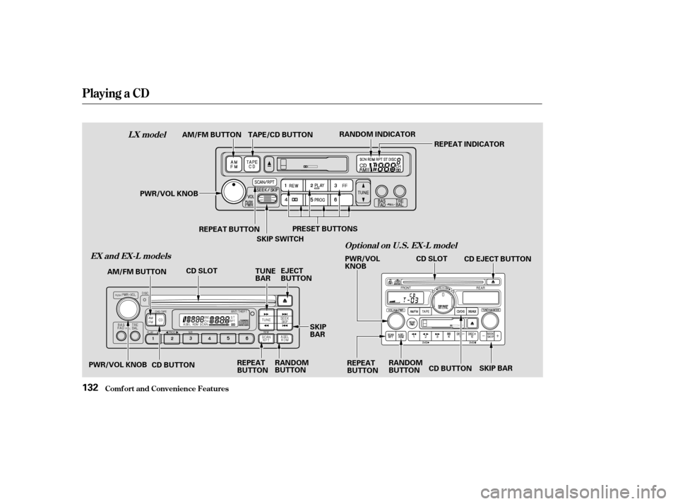 HONDA ODYSSEY 2004 RB1-RB2 / 3.G Owners Guide Comf ort and Convenience Feat ures
Playing a CD
LX model
EX and EX-L models Opt ional on U.S. EX-L model
132
PWR/VOL
KNOB
TAPE/CD BUTTON
AM/FM BUTTON RANDOM INDICATOR
REPEAT INDICATOR
PRESET BUTTONS
R