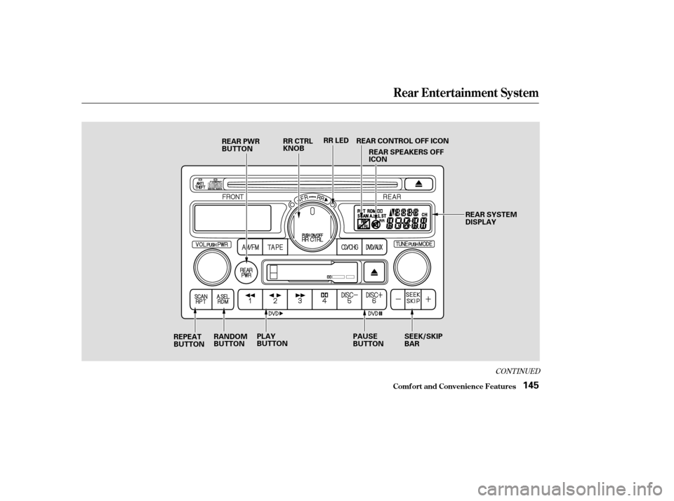 HONDA ODYSSEY 2004 RB1-RB2 / 3.G Owners Manual CONT INUED
Rear Entertainment System
Comf ort and Convenience Feat ures145
REAR PWR
BUTTONRR CTRL
KNOBRR LED
RANDOM
BUTTON PLAY
BUTTON
PAUSE
BUTTONSEEK/SKIP
BAR
REAR SPEAKERS OFF
ICON
REAR CONTROL OFF