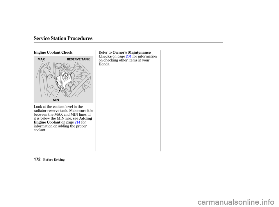 HONDA ODYSSEY 2004 RB1-RB2 / 3.G User Guide Look at the coolant level in the
radiator reserve tank. Make sure it is
between the MAX and MIN lines. If
it is below the MIN line, seeon page f or
inf ormation on adding the proper
coolant. Refer to
