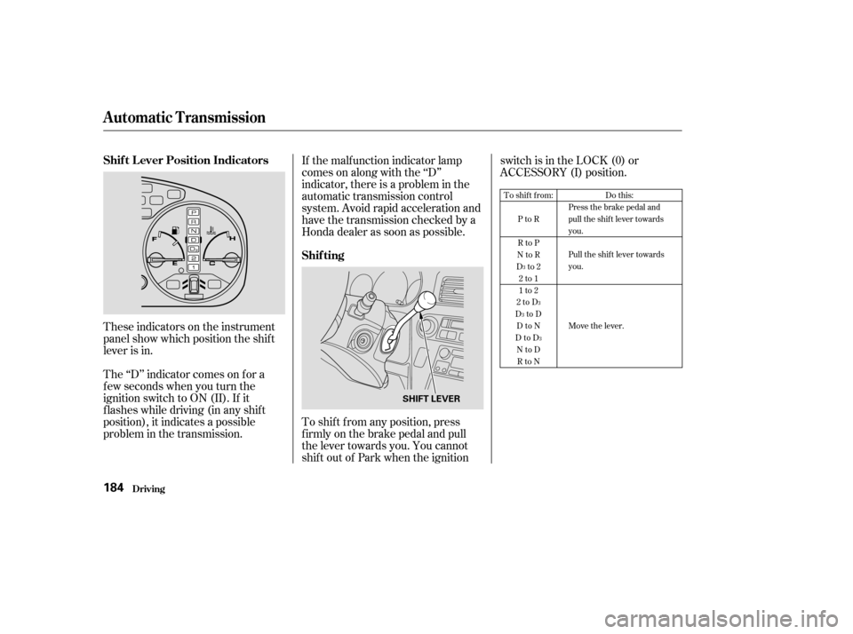 HONDA ODYSSEY 2004 RB1-RB2 / 3.G Service Manual These indicators on the instrument
panel show which position the shif t
lever is in.
The ‘‘D’’ indicator comes on f or a
f ew seconds when you turn the
ignition switch to ON (II). If it
f lash